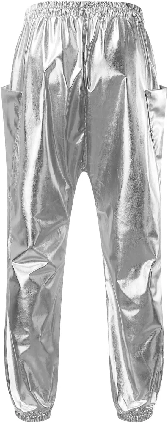 Men's Shiny Faux Leather Pants Drawstring Straight Leg Trousers Metallic Gold Disco Nightclub Pants with Pockets