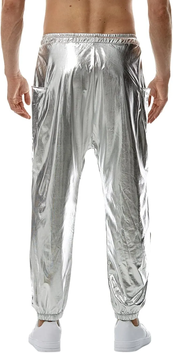 Men's Shiny Faux Leather Pants Drawstring Straight Leg Trousers Metallic Gold Disco Nightclub Pants with Pockets