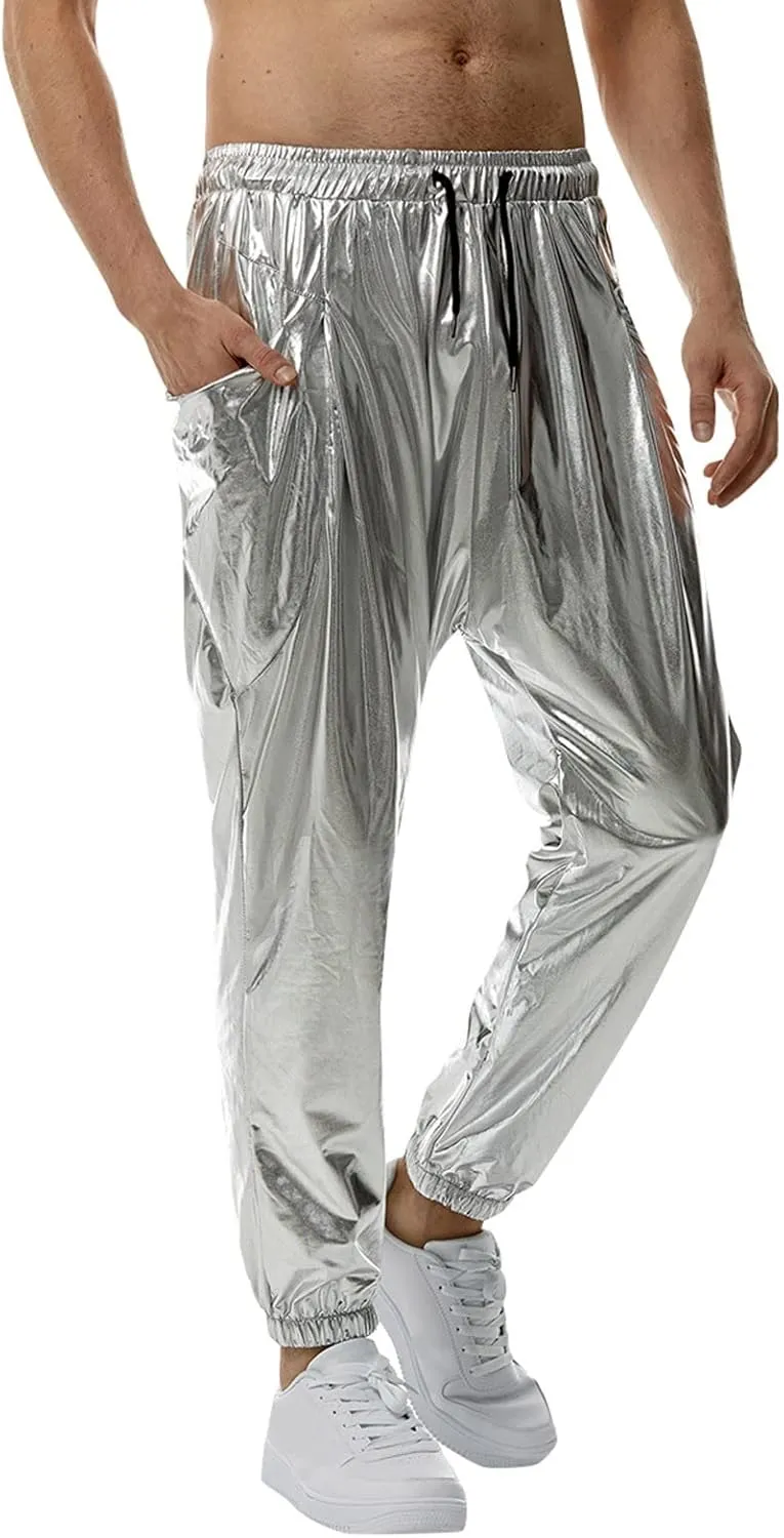 Men's Shiny Faux Leather Pants Drawstring Straight Leg Trousers Metallic Gold Disco Nightclub Pants with Pockets