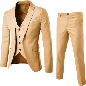 Mens Slim Fit 3 Piece Suit,One Button Solid Blazer Dress Business Wedding Party Jacket Vest & Pants Set