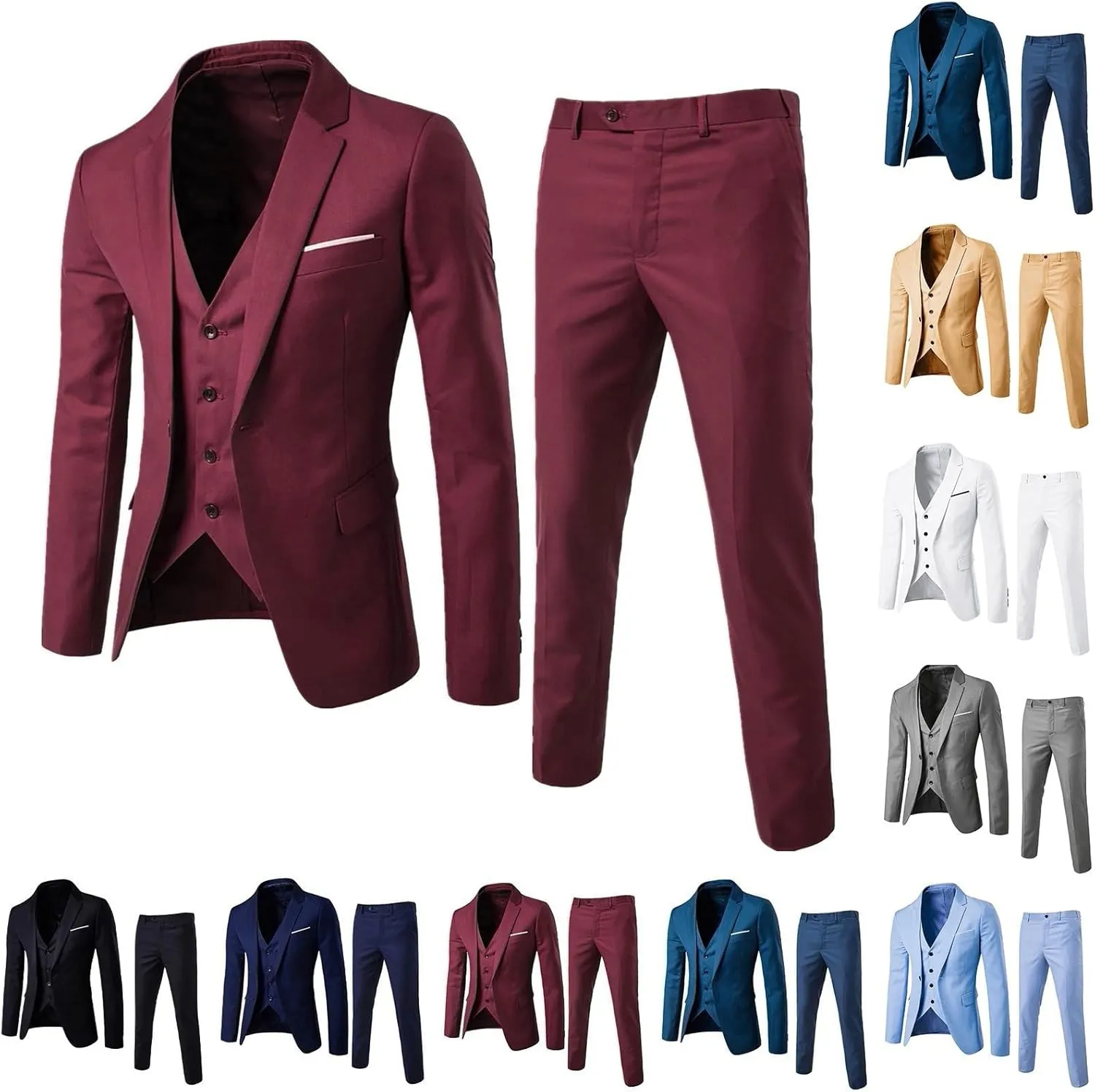 Mens Slim Fit 3 Piece Suit,One Button Solid Blazer Dress Business Wedding Party Jacket Vest & Pants Set