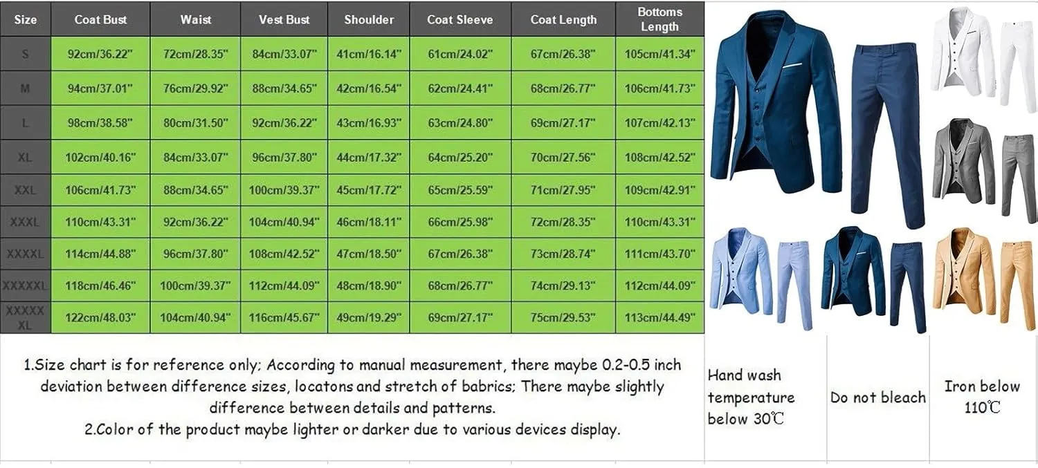Mens Slim Fit 3 Piece Suit,One Button Solid Blazer Dress Business Wedding Party Jacket Vest & Pants Set