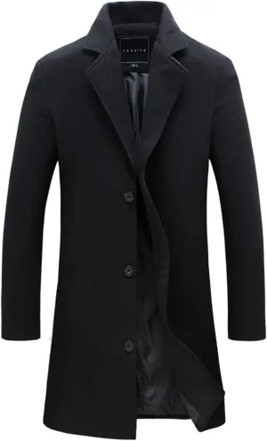 Men's Wool Blend Trench Coat Hip Length Lapel Overcoat Slim Fit Single Breasted Pea Coats Windbreaker Jacket