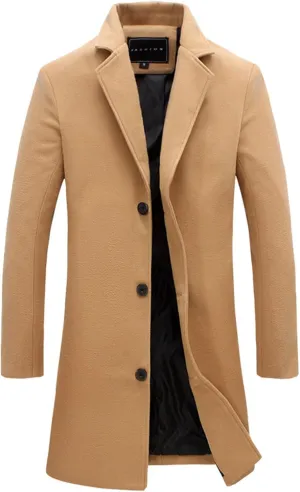 Men's Wool Blend Trench Coat Hip Length Lapel Overcoat Slim Fit Single Breasted Pea Coats Windbreaker Jacket