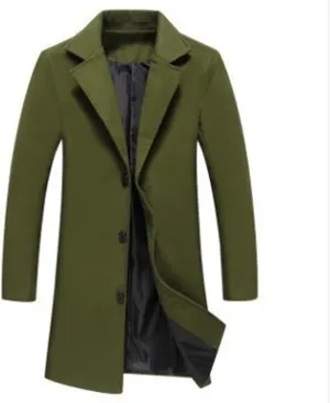 Men's Wool Blend Trench Coat Hip Length Lapel Overcoat Slim Fit Single Breasted Pea Coats Windbreaker Jacket