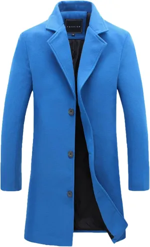 Men's Wool Blend Trench Coat Hip Length Lapel Overcoat Slim Fit Single Breasted Pea Coats Windbreaker Jacket