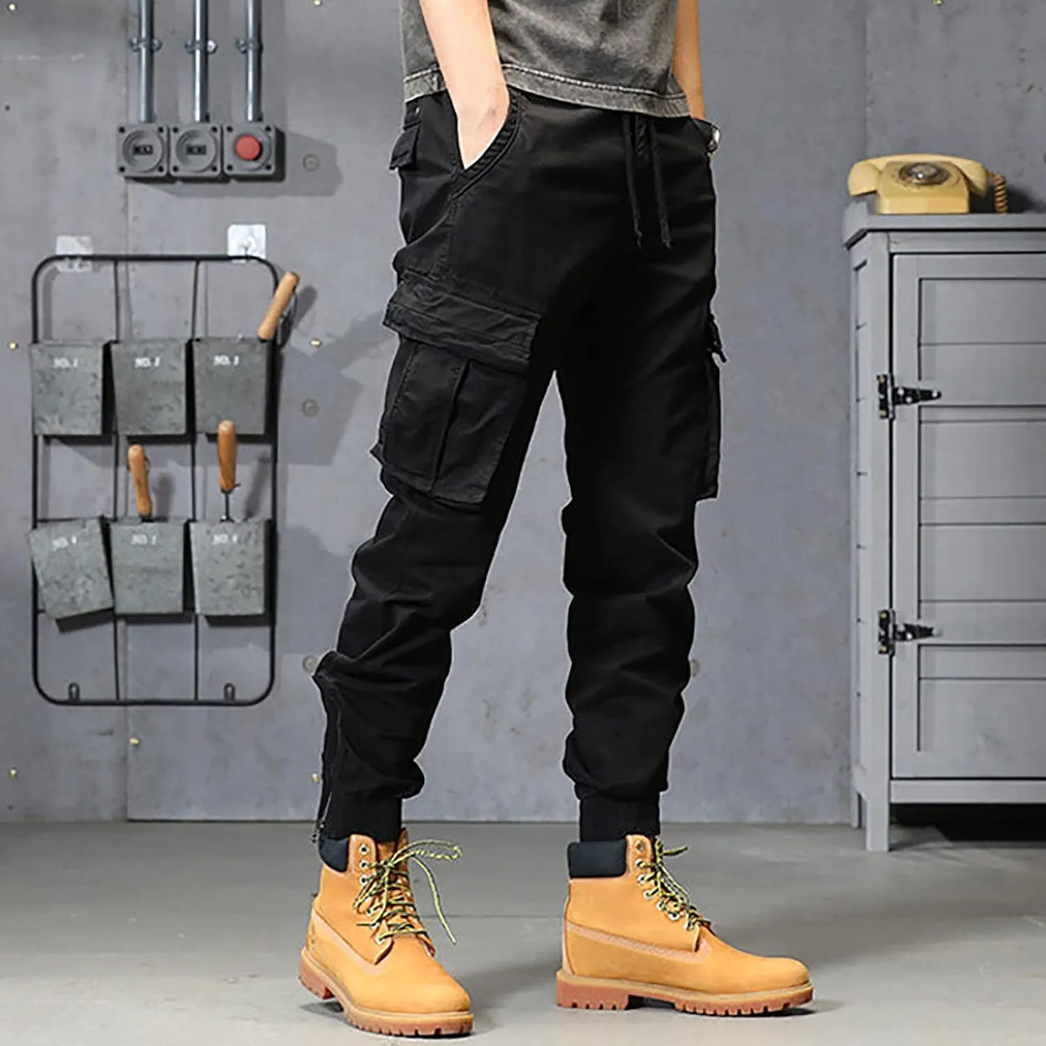 Mens Workout Cargo Sweatpants Heavy Weight Cotton Fleece Sweatpants Open Bottom Elastic Waist Drawstring with Pockets
