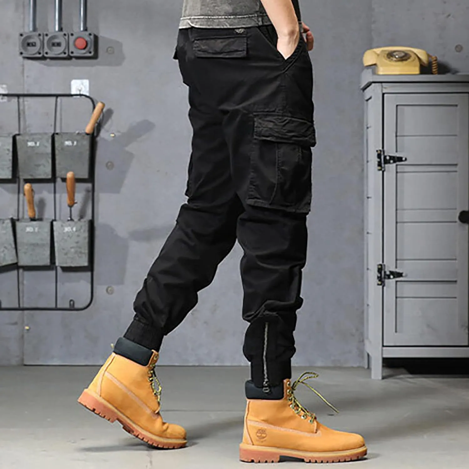 Mens Workout Cargo Sweatpants Heavy Weight Cotton Fleece Sweatpants Open Bottom Elastic Waist Drawstring with Pockets