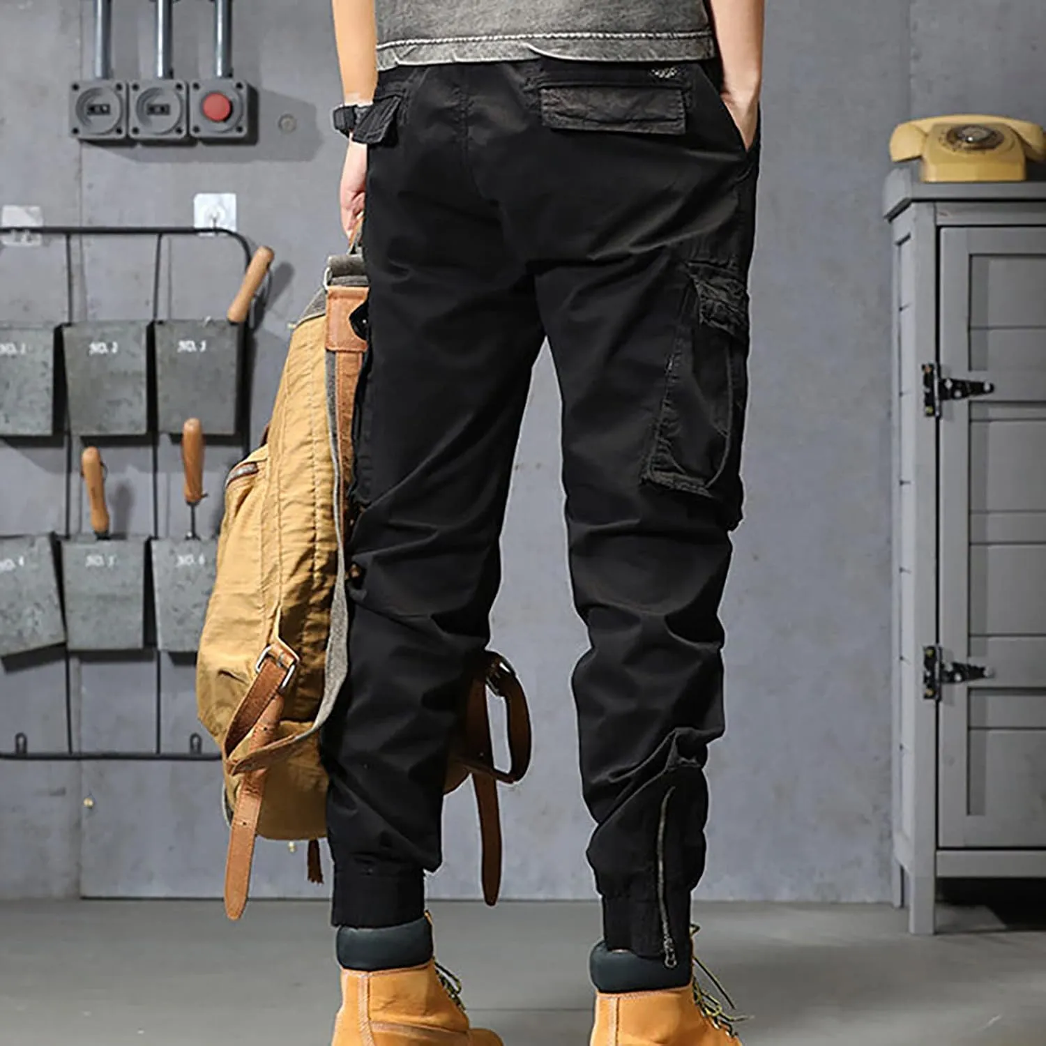 Mens Workout Cargo Sweatpants Heavy Weight Cotton Fleece Sweatpants Open Bottom Elastic Waist Drawstring with Pockets