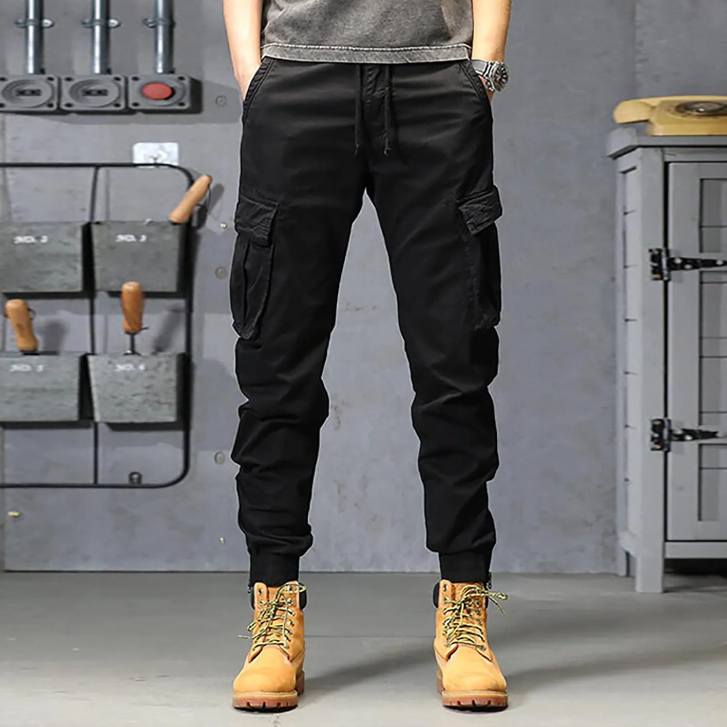 Mens Workout Cargo Sweatpants Heavy Weight Cotton Fleece Sweatpants Open Bottom Elastic Waist Drawstring with Pockets