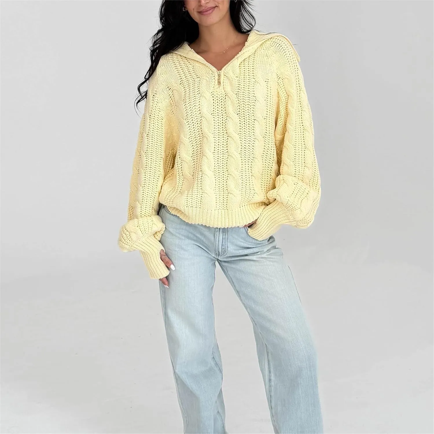 Miqil Women Cable Knit Chunky Sweater Comfy Long Sleeve Quarter Zip Knitted Pullover Fall Winter Trendy Half Zip Knitwear