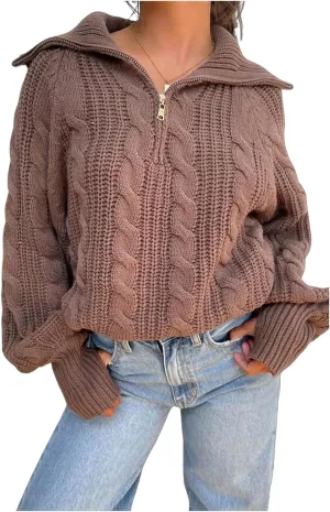 Miqil Women Cable Knit Chunky Sweater Comfy Long Sleeve Quarter Zip Knitted Pullover Fall Winter Trendy Half Zip Knitwear