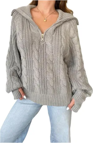 Miqil Women Cable Knit Chunky Sweater Comfy Long Sleeve Quarter Zip Knitted Pullover Fall Winter Trendy Half Zip Knitwear