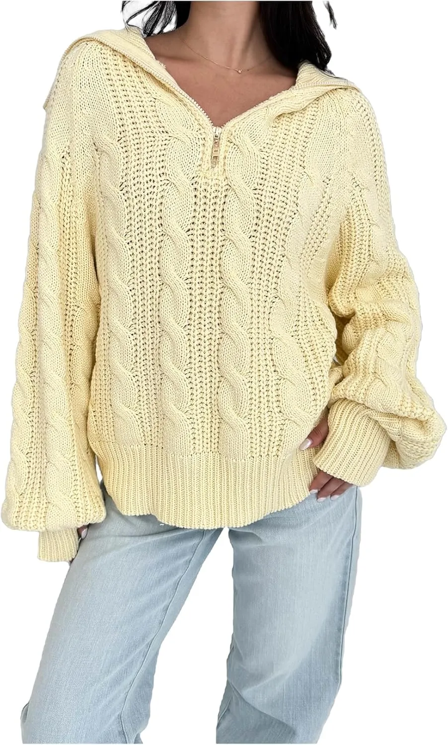 Miqil Women Cable Knit Chunky Sweater Comfy Long Sleeve Quarter Zip Knitted Pullover Fall Winter Trendy Half Zip Knitwear