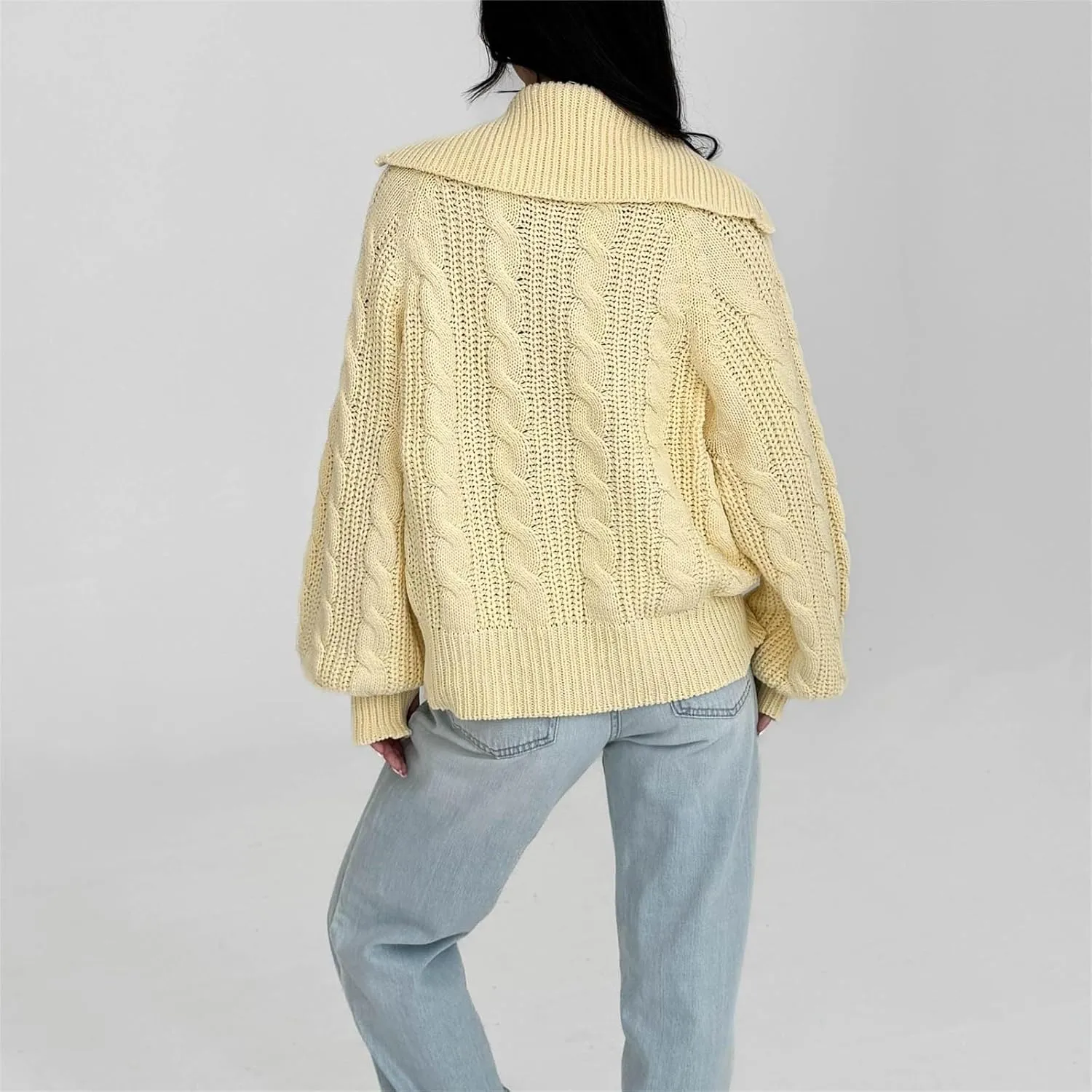 Miqil Women Cable Knit Chunky Sweater Comfy Long Sleeve Quarter Zip Knitted Pullover Fall Winter Trendy Half Zip Knitwear