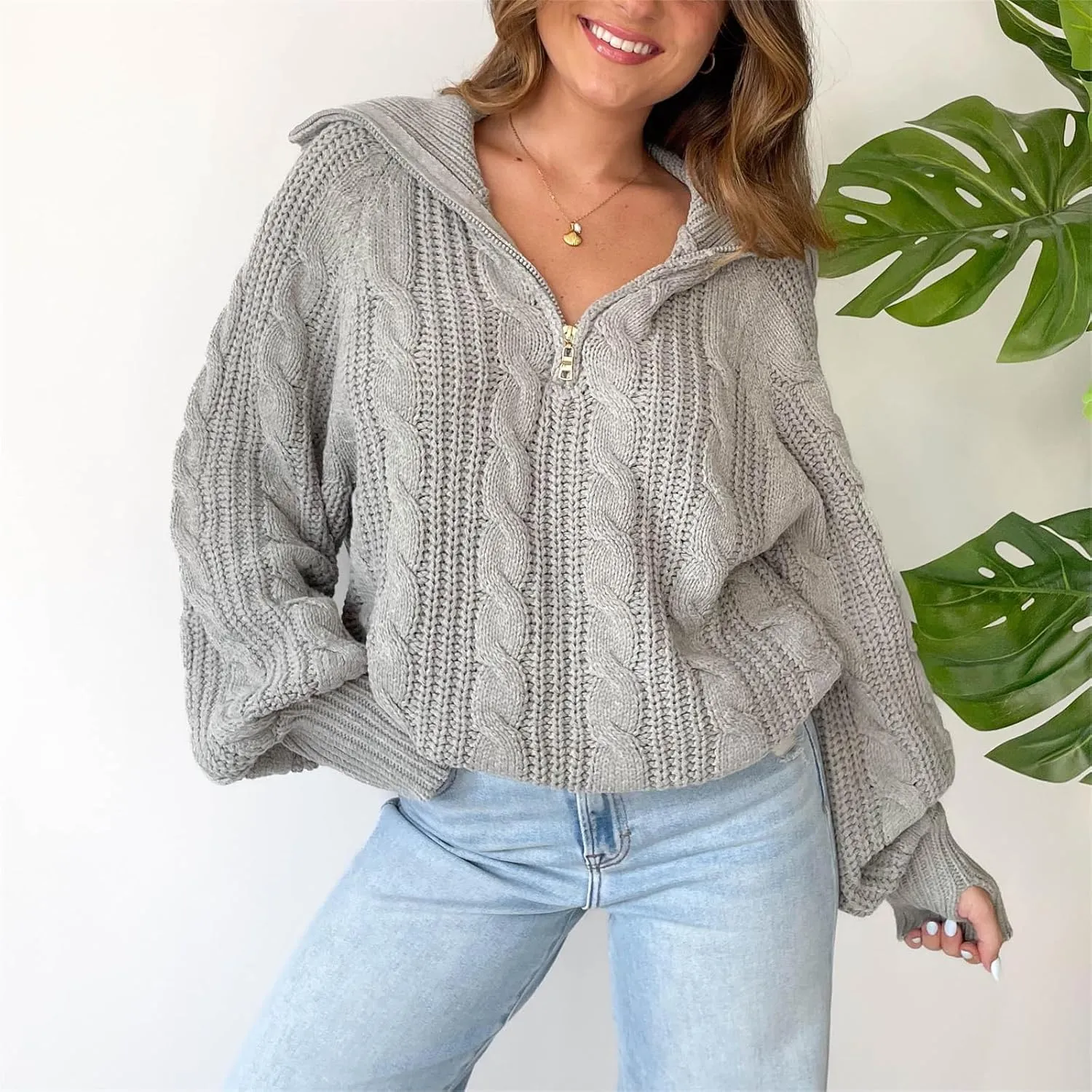 Miqil Women Cable Knit Chunky Sweater Comfy Long Sleeve Quarter Zip Knitted Pullover Fall Winter Trendy Half Zip Knitwear