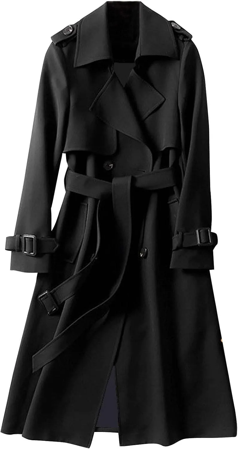Miyaomn Fall Fashion Long Trench Coats for Women Dressy Office Double-Breasted Notch Lapel Jacket Classic Outerwear with Belt