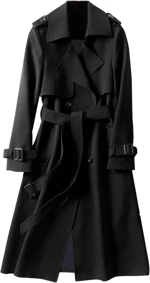 Miyaomn Fall Fashion Long Trench Coats for Women Dressy Office Double-Breasted Notch Lapel Jacket Classic Outerwear with Belt