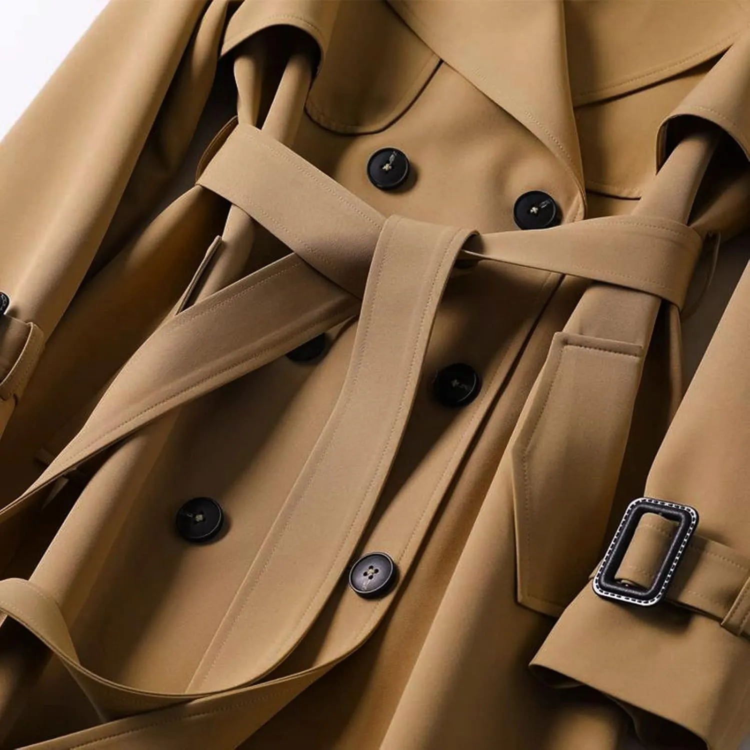 Miyaomn Fall Fashion Long Trench Coats for Women Dressy Office Double-Breasted Notch Lapel Jacket Classic Outerwear with Belt