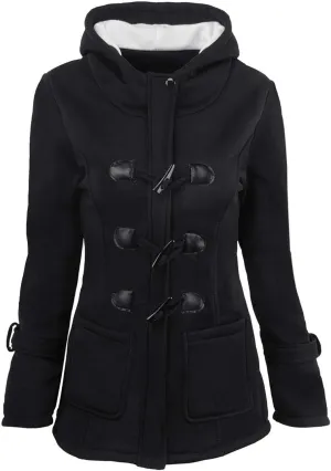 Mmoneyake Womens Fuzzy Fleece Pea Coat Classic Horn Buttons Zipper Hooded Jacket Winter Warm Long Sleeve Outerwear Tops