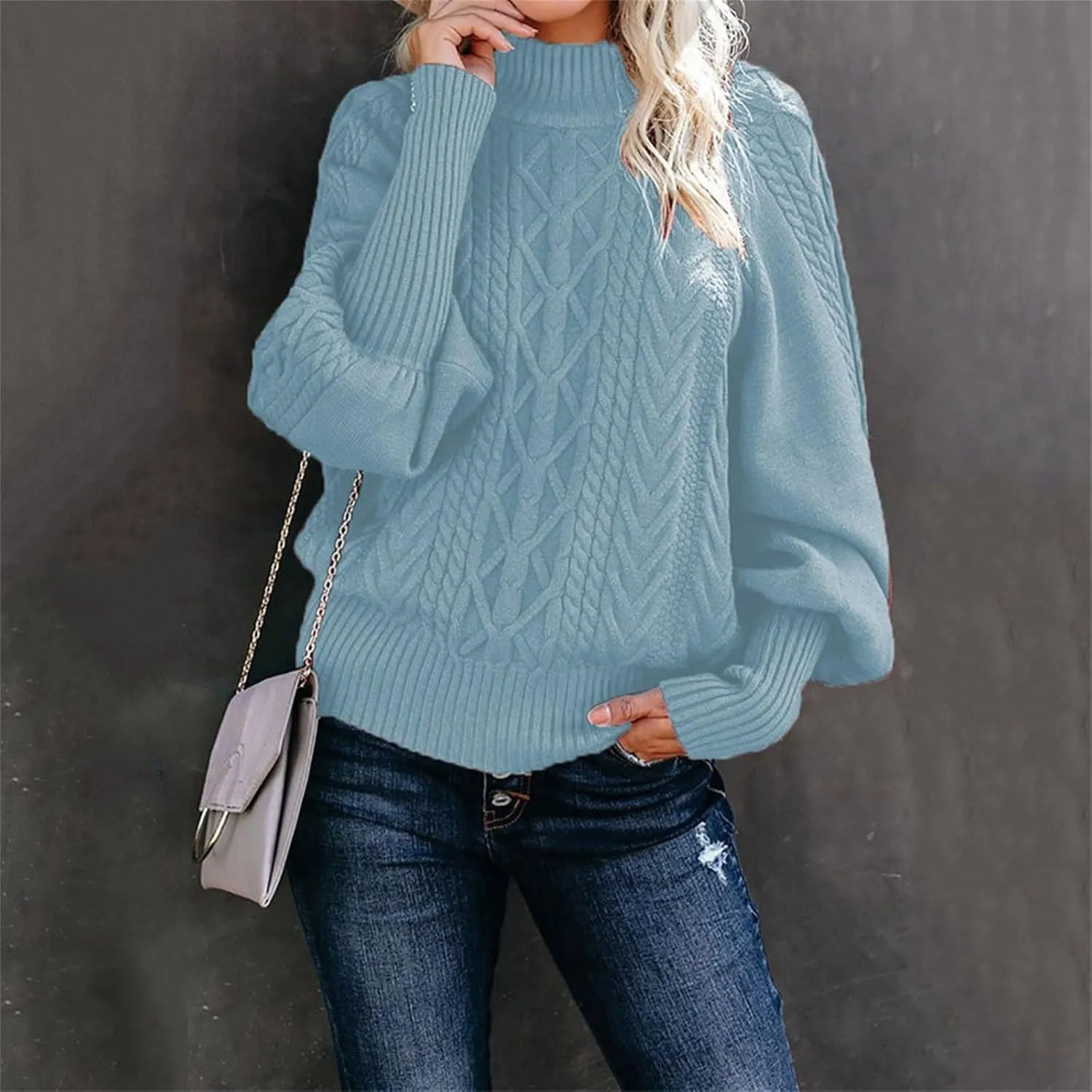 Mock Neck Sweater Women's Casual Long Sleeve Solid Color Cable Knit Fashion Ribbed Hem Fall Tops for Women