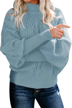 Mock Neck Sweater Women's Casual Long Sleeve Solid Color Cable Knit Fashion Ribbed Hem Fall Tops for Women