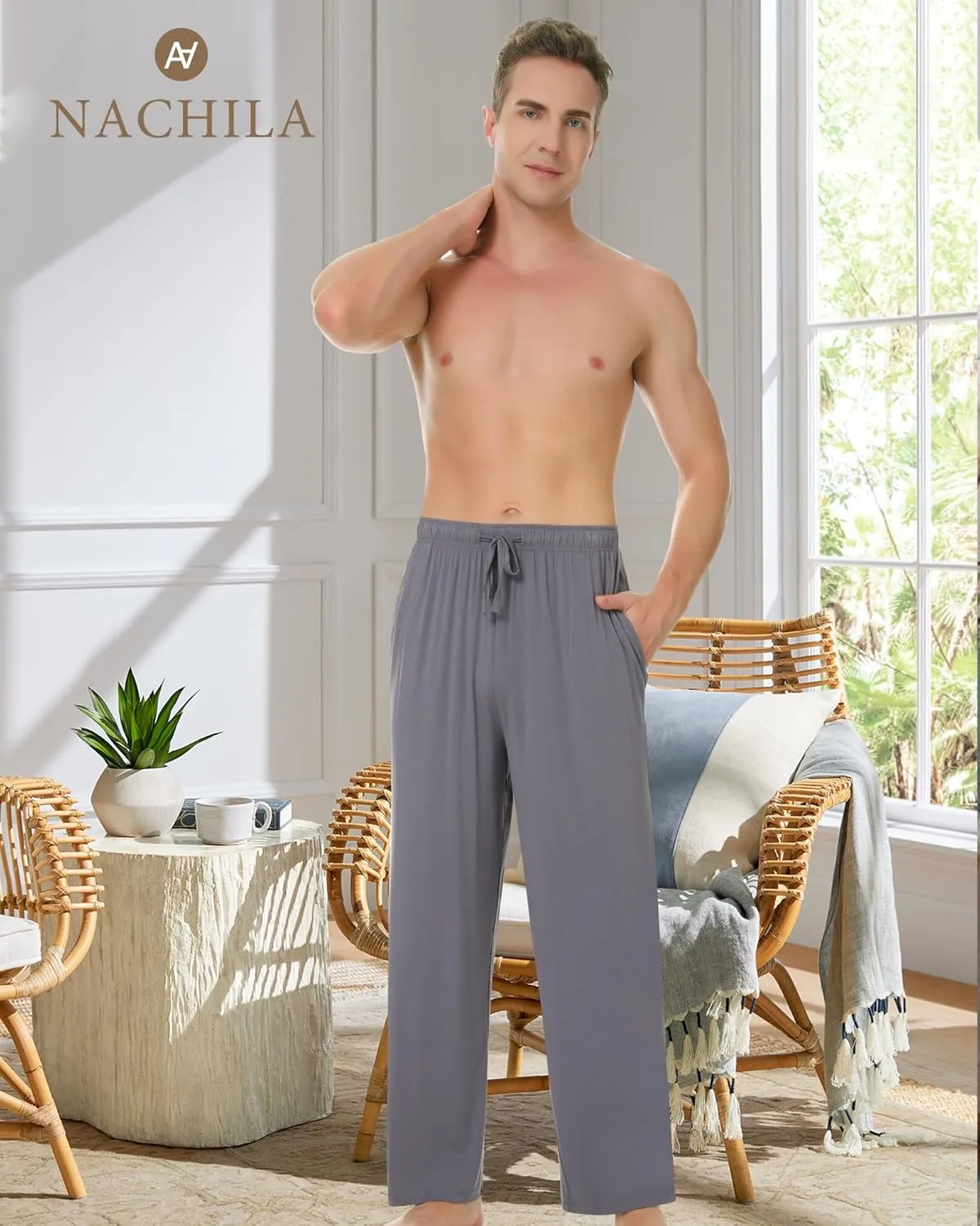 NACHILA Men's Pajama Pants-Viscose Made from Bamboo,Soft Sleep Bottoms Stretchy Sweatpants with Pockets