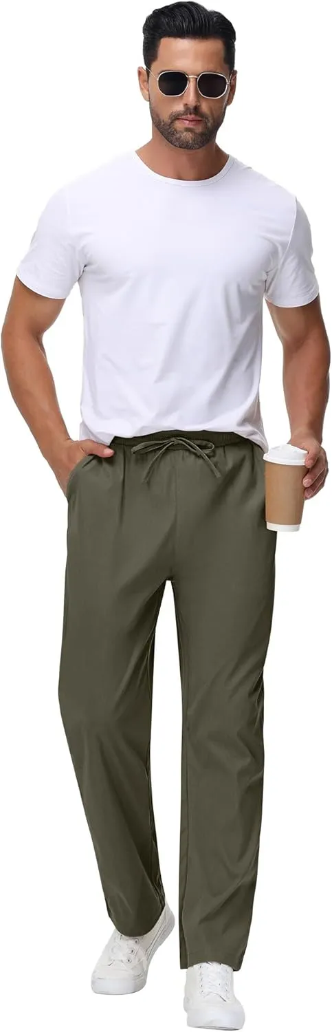 Neer 3 Pack Men's Casual Chino Pants, Summer Lounge Elastic Waist Drawstring Straight Leg Outdoor Pants Trousers with Pockets