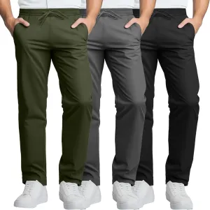 Neer 3 Pack Men's Casual Chino Pants, Summer Lounge Elastic Waist Drawstring Straight Leg Outdoor Pants Trousers with Pockets