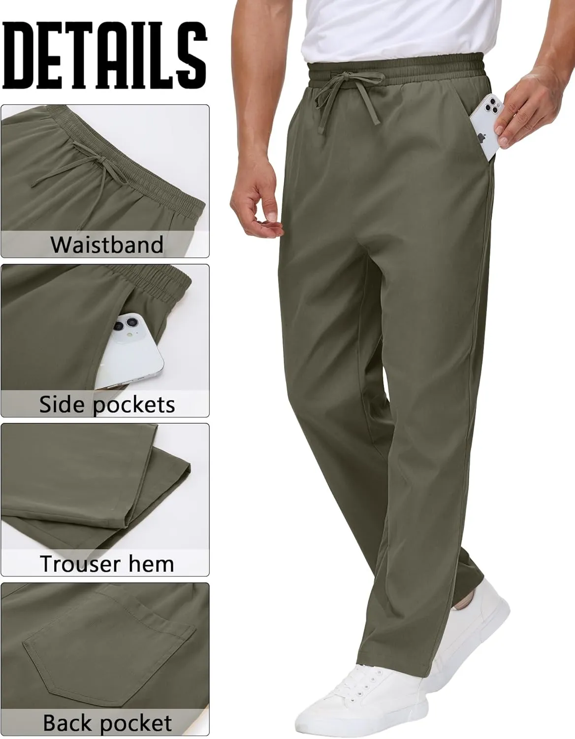 Neer 3 Pack Men's Casual Chino Pants, Summer Lounge Elastic Waist Drawstring Straight Leg Outdoor Pants Trousers with Pockets