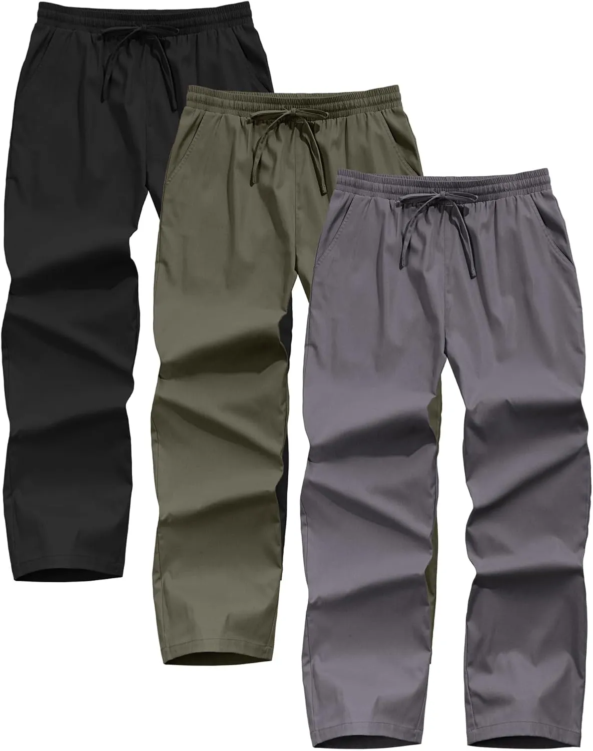 Neer 3 Pack Men's Casual Chino Pants, Summer Lounge Elastic Waist Drawstring Straight Leg Outdoor Pants Trousers with Pockets