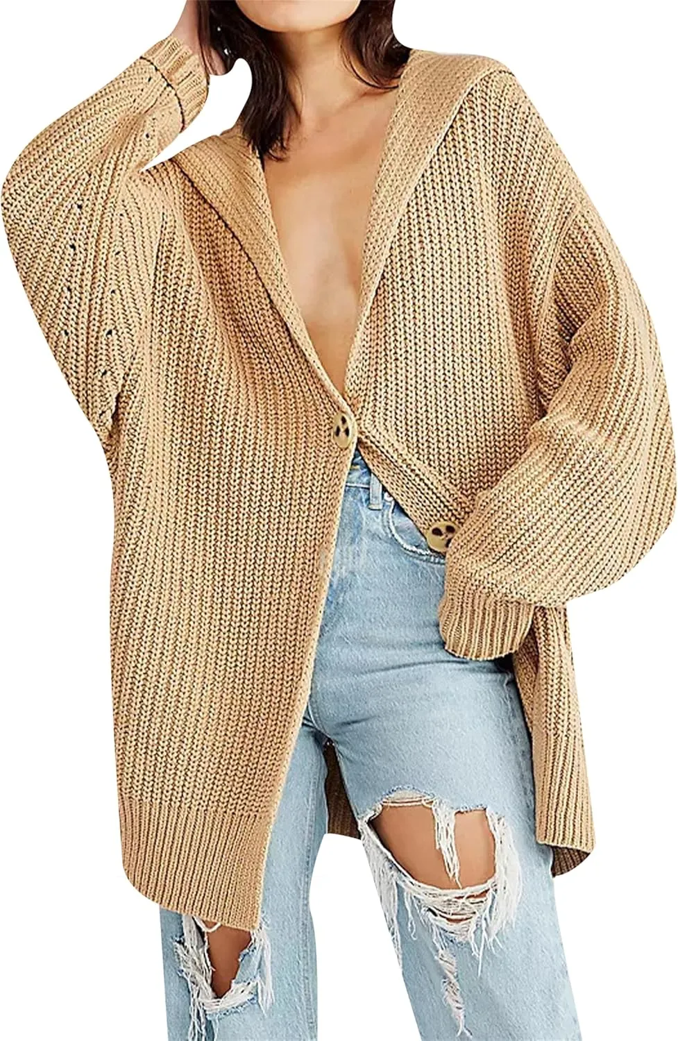 OMZIN Women's Long Cardigan Sweaters Autumn Single Breasted Cardigan Sweater Loose Lapel Coat Cardigan