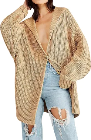 OMZIN Women's Long Cardigan Sweaters Autumn Single Breasted Cardigan Sweater Loose Lapel Coat Cardigan