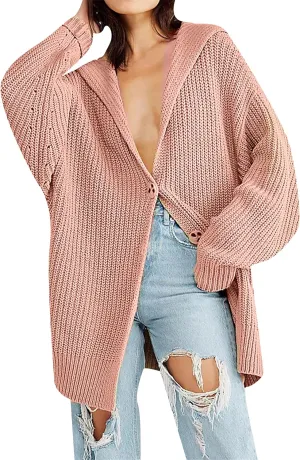 OMZIN Women's Long Cardigan Sweaters Autumn Single Breasted Cardigan Sweater Loose Lapel Coat Cardigan