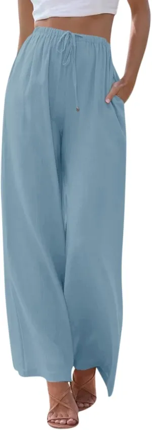 Palazzo Pants for Women 2025 Summer Casual Flowy Cotton Linen Gauze Wide Leg Pants Plus Size Loose fit Beach Cover Up Tall Elastic Waist Long Trousers High Waisted Drawstring Pant(C-Sky Blue,Medium)