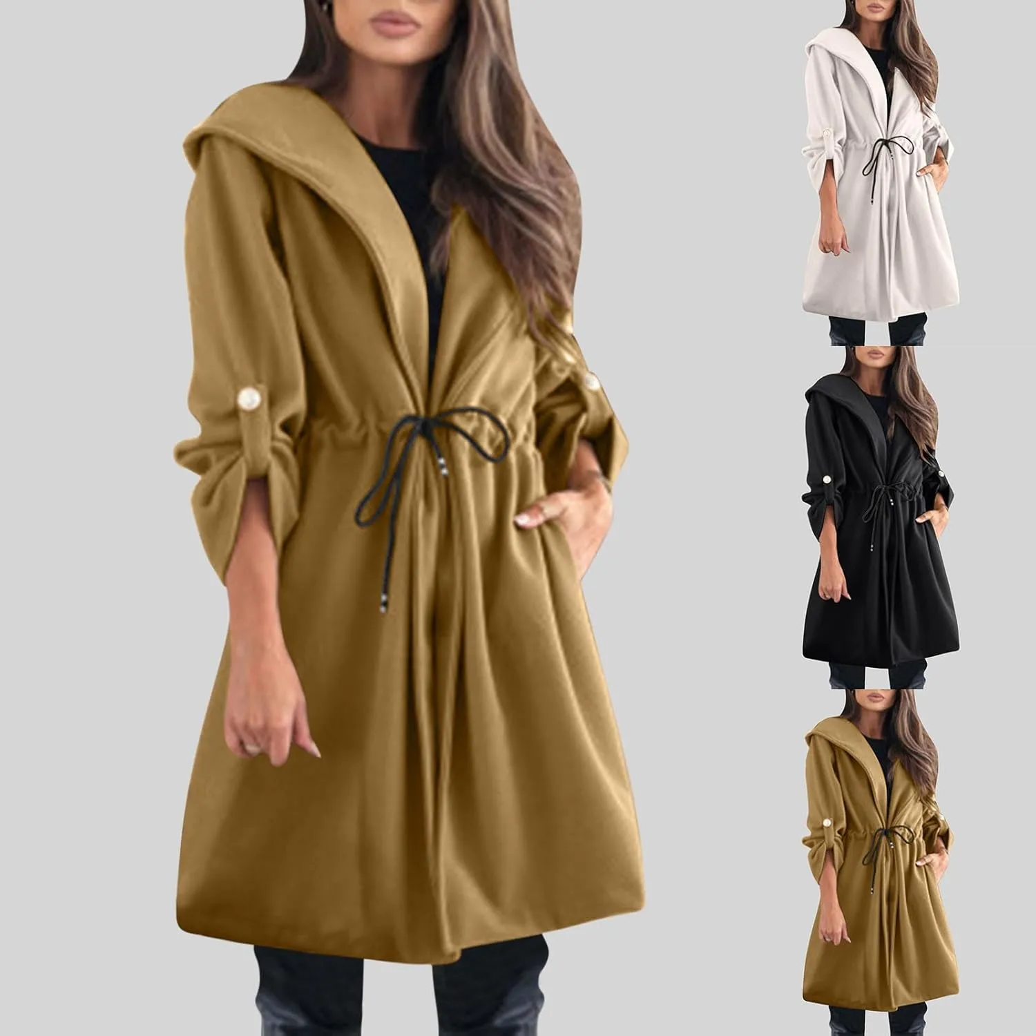 Pea Coats for Women Drawstring Waist Open Front Cardigan Jackets Hooded Trench Coats Wool Blend Long Winter Coats