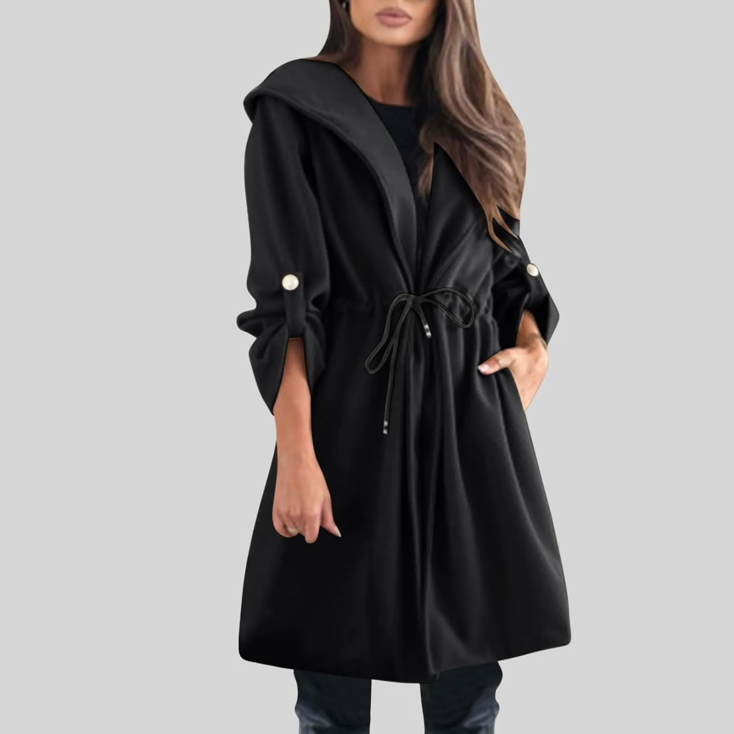 Pea Coats for Women Drawstring Waist Open Front Cardigan Jackets Hooded Trench Coats Wool Blend Long Winter Coats