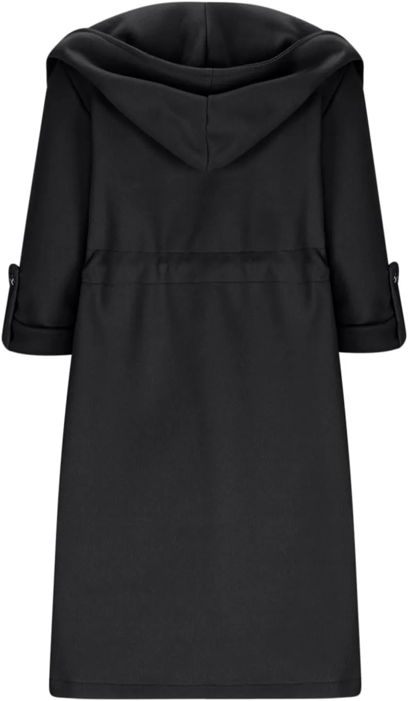 Pea Coats for Women Drawstring Waist Open Front Cardigan Jackets Hooded Trench Coats Wool Blend Long Winter Coats