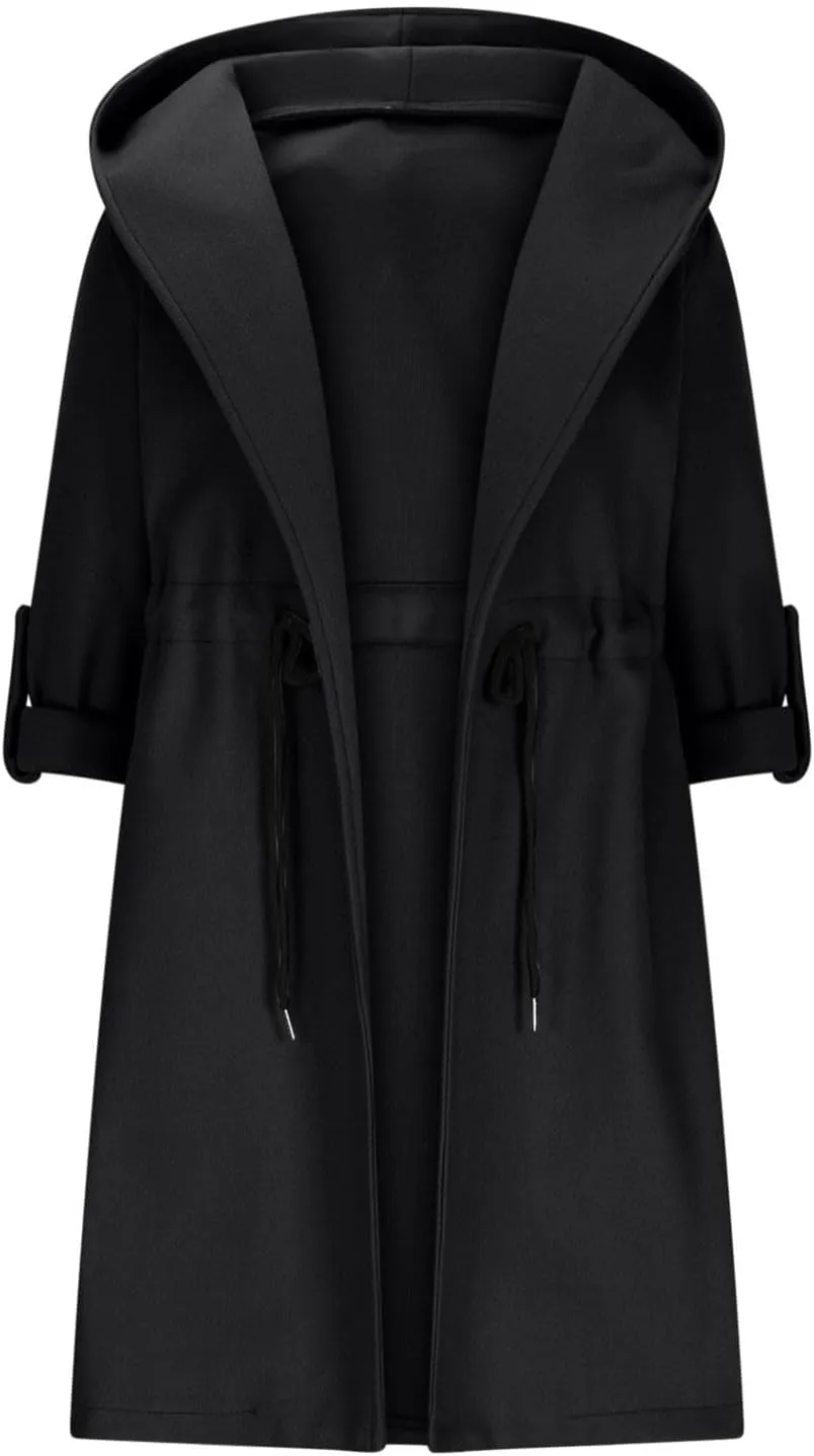 Pea Coats for Women Drawstring Waist Open Front Cardigan Jackets Hooded Trench Coats Wool Blend Long Winter Coats