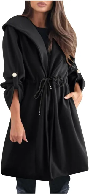 Pea Coats for Women Drawstring Waist Open Front Cardigan Jackets Hooded Trench Coats Wool Blend Long Winter Coats