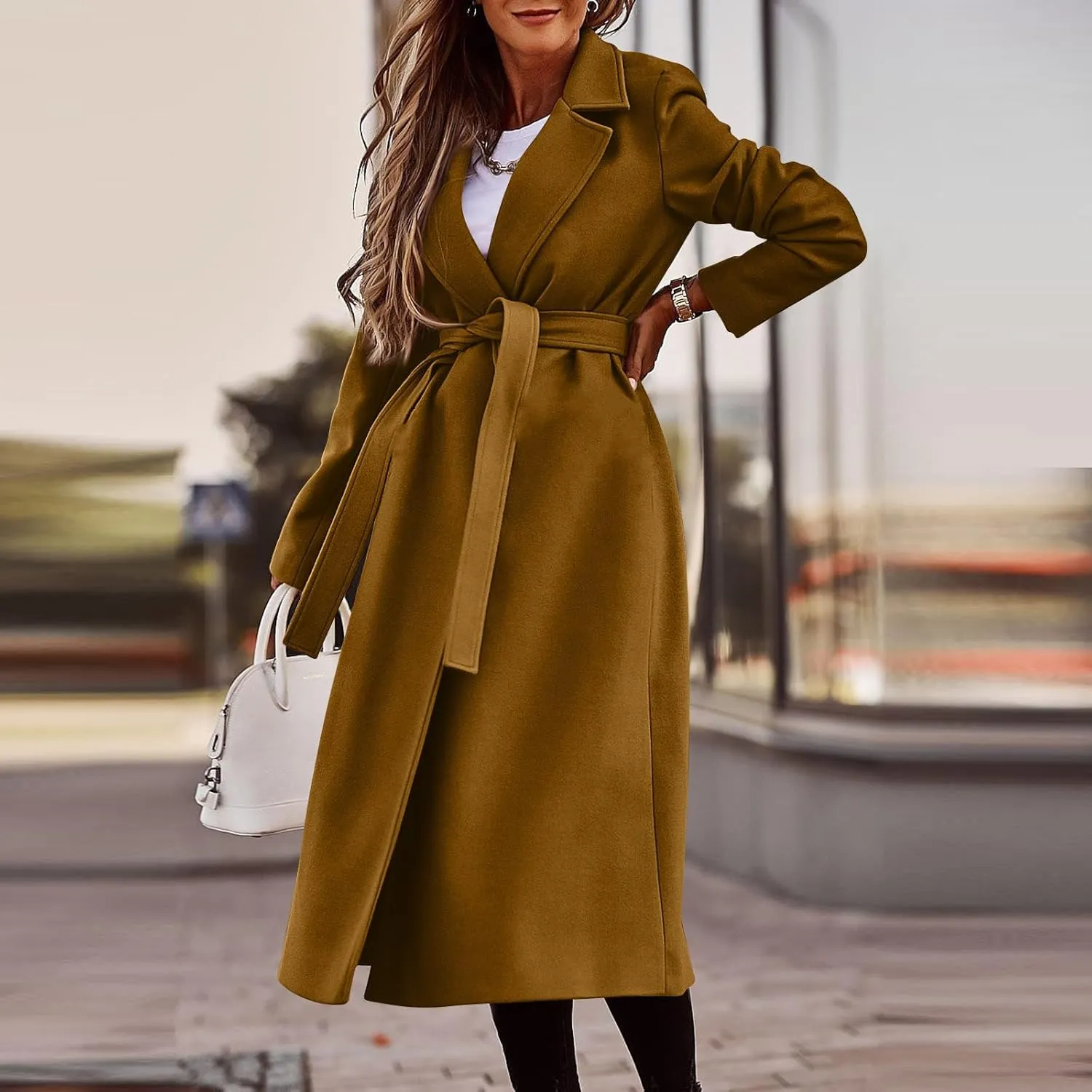 PETYCZEN Women's Trench Coats Notched Lapel Collar Wool Blend Winter Coats Casual Mid Length Pea Coats Long Jackets Overcoat
