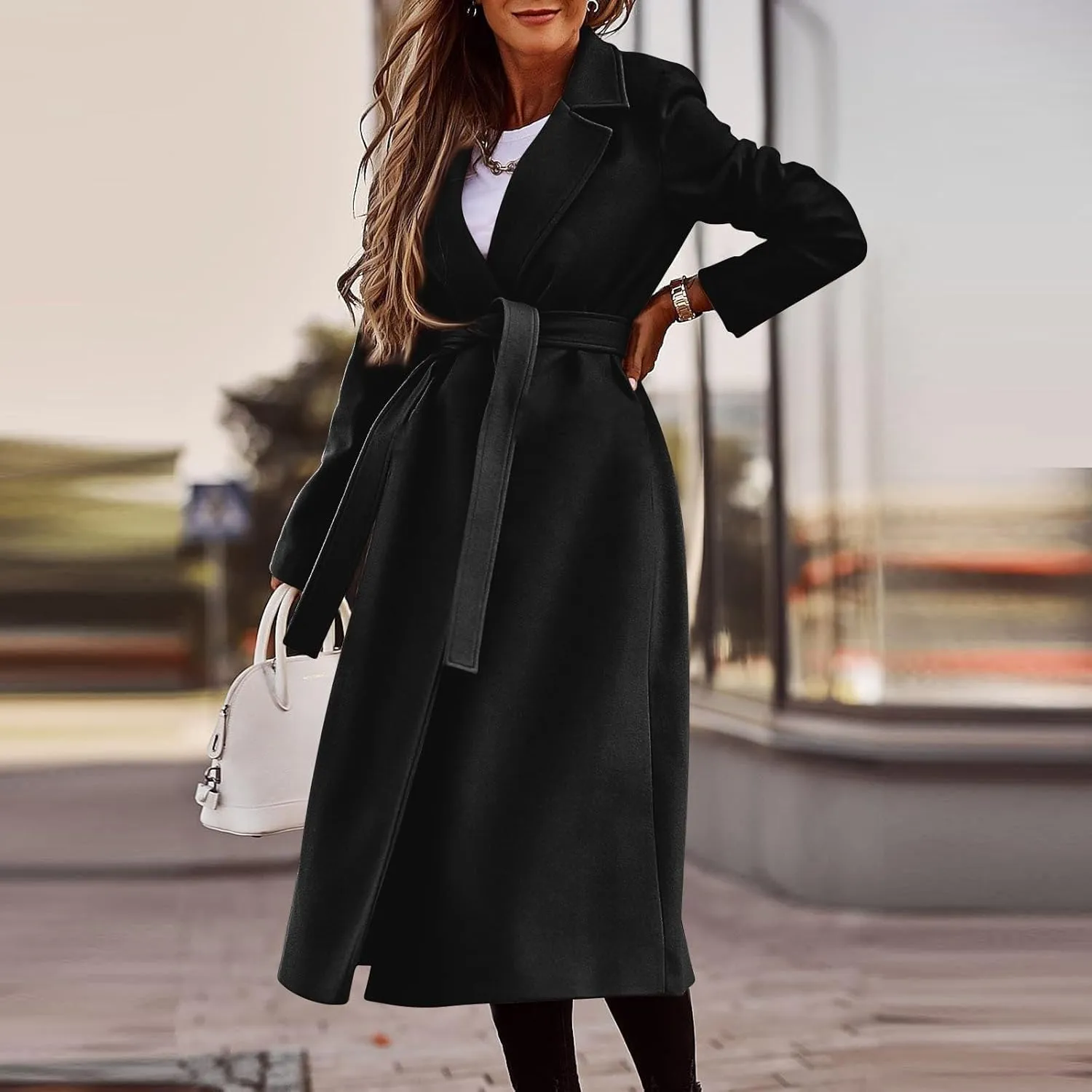 PETYCZEN Women's Trench Coats Notched Lapel Collar Wool Blend Winter Coats Casual Mid Length Pea Coats Long Jackets Overcoat