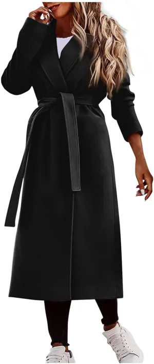 PETYCZEN Women's Trench Coats Notched Lapel Collar Wool Blend Winter Coats Casual Mid Length Pea Coats Long Jackets Overcoat