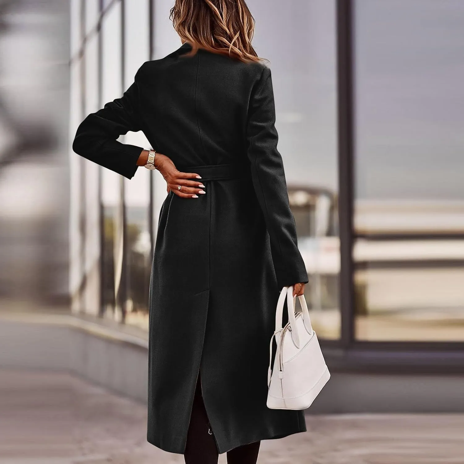 PETYCZEN Women's Trench Coats Notched Lapel Collar Wool Blend Winter Coats Casual Mid Length Pea Coats Long Jackets Overcoat