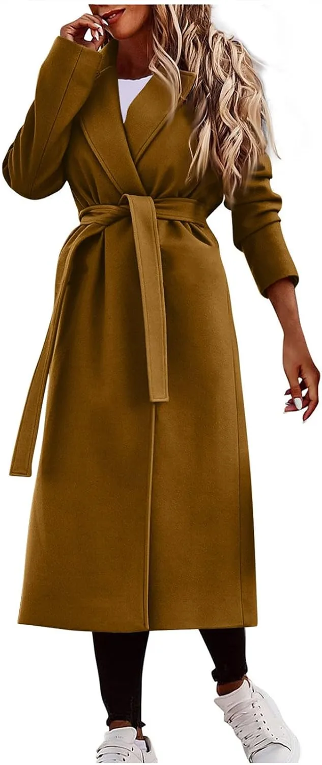 PETYCZEN Women's Trench Coats Notched Lapel Collar Wool Blend Winter Coats Casual Mid Length Pea Coats Long Jackets Overcoat