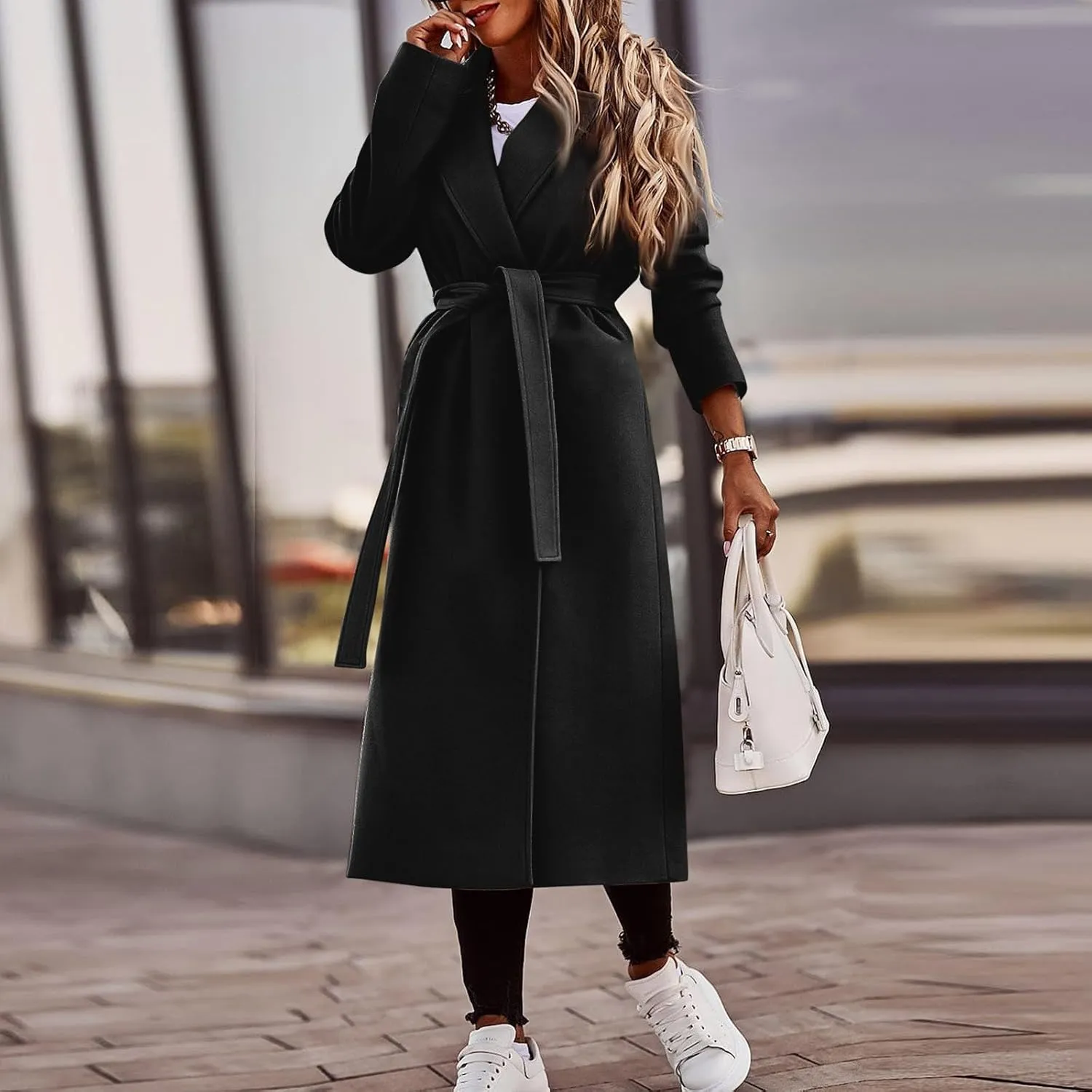 PETYCZEN Women's Trench Coats Notched Lapel Collar Wool Blend Winter Coats Casual Mid Length Pea Coats Long Jackets Overcoat