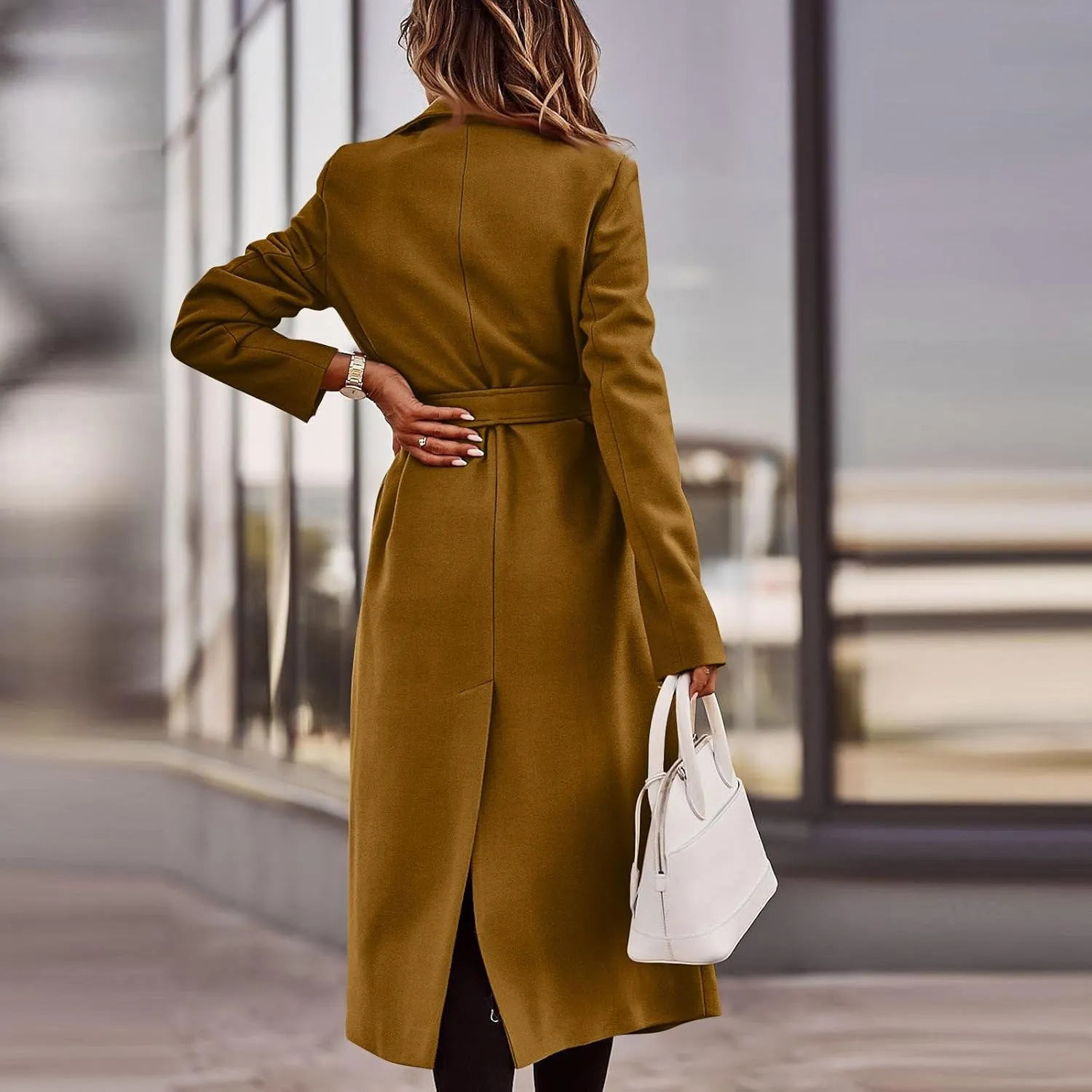PETYCZEN Women's Trench Coats Notched Lapel Collar Wool Blend Winter Coats Casual Mid Length Pea Coats Long Jackets Overcoat