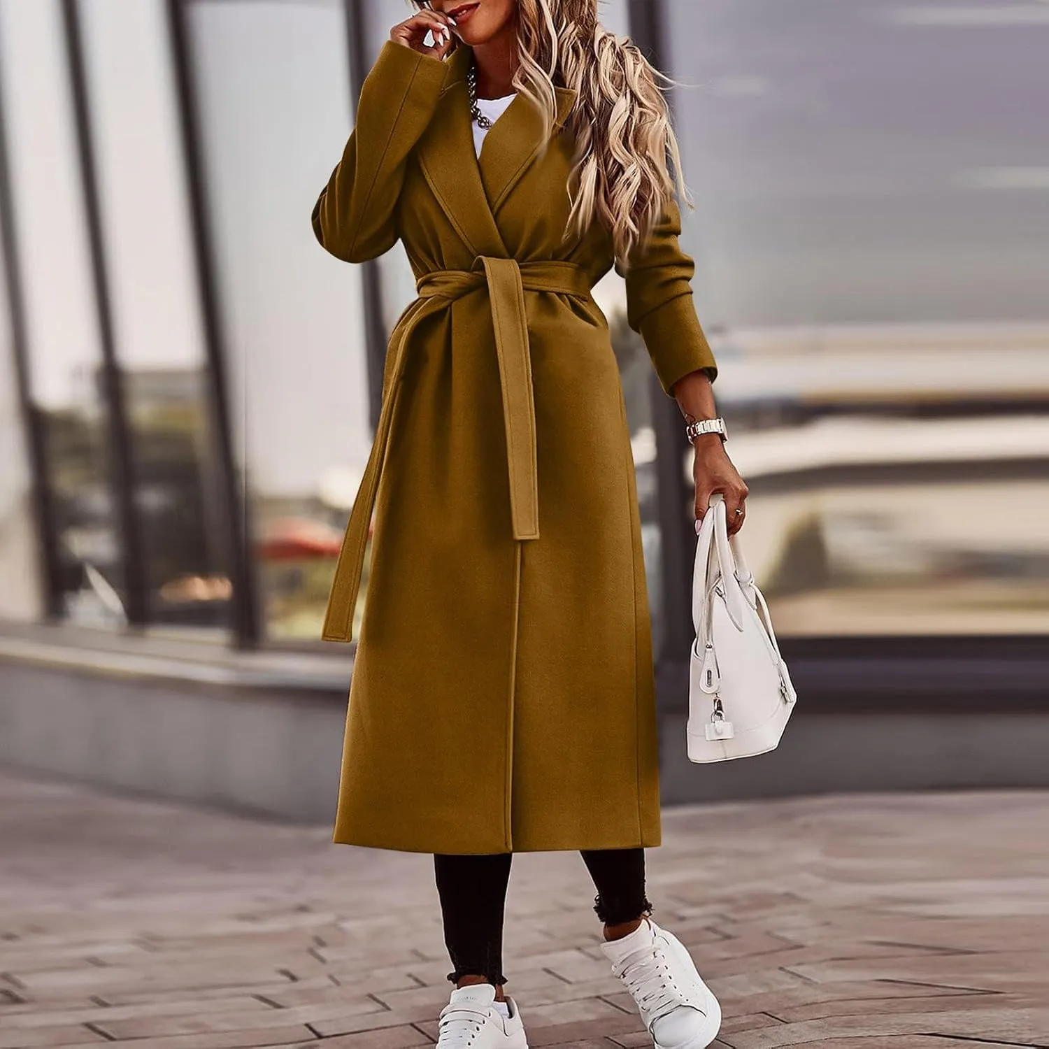 PETYCZEN Women's Trench Coats Notched Lapel Collar Wool Blend Winter Coats Casual Mid Length Pea Coats Long Jackets Overcoat