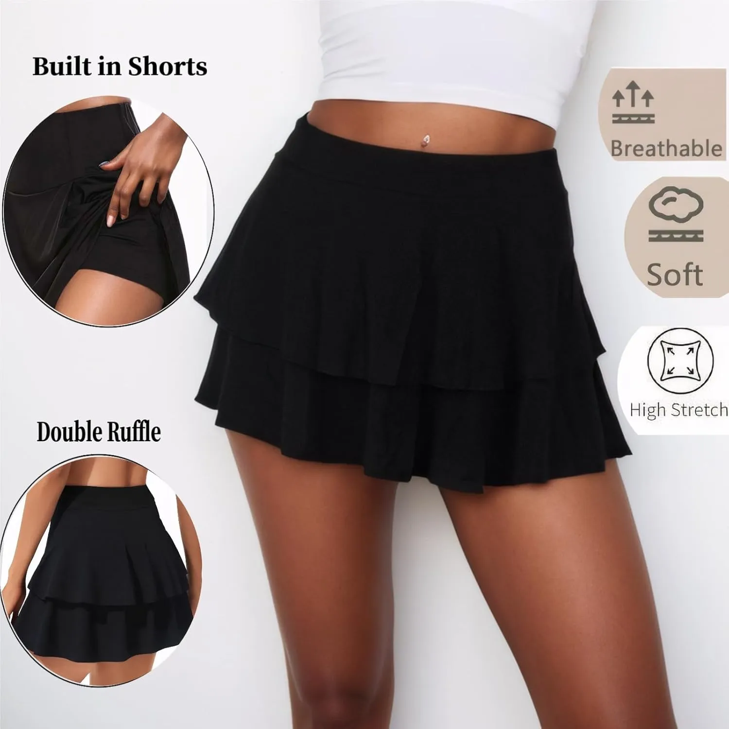 Pleated Ruffle Mini Skort Women High Stretchy Sexy Skirt with Shorts Underneath 2025