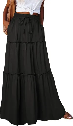 Pleated Skirts for Women Trendy Flowy Maxi Skirts Drawstring Elastic High Waisted Skirts Casual Tiered Ruffle Skirt